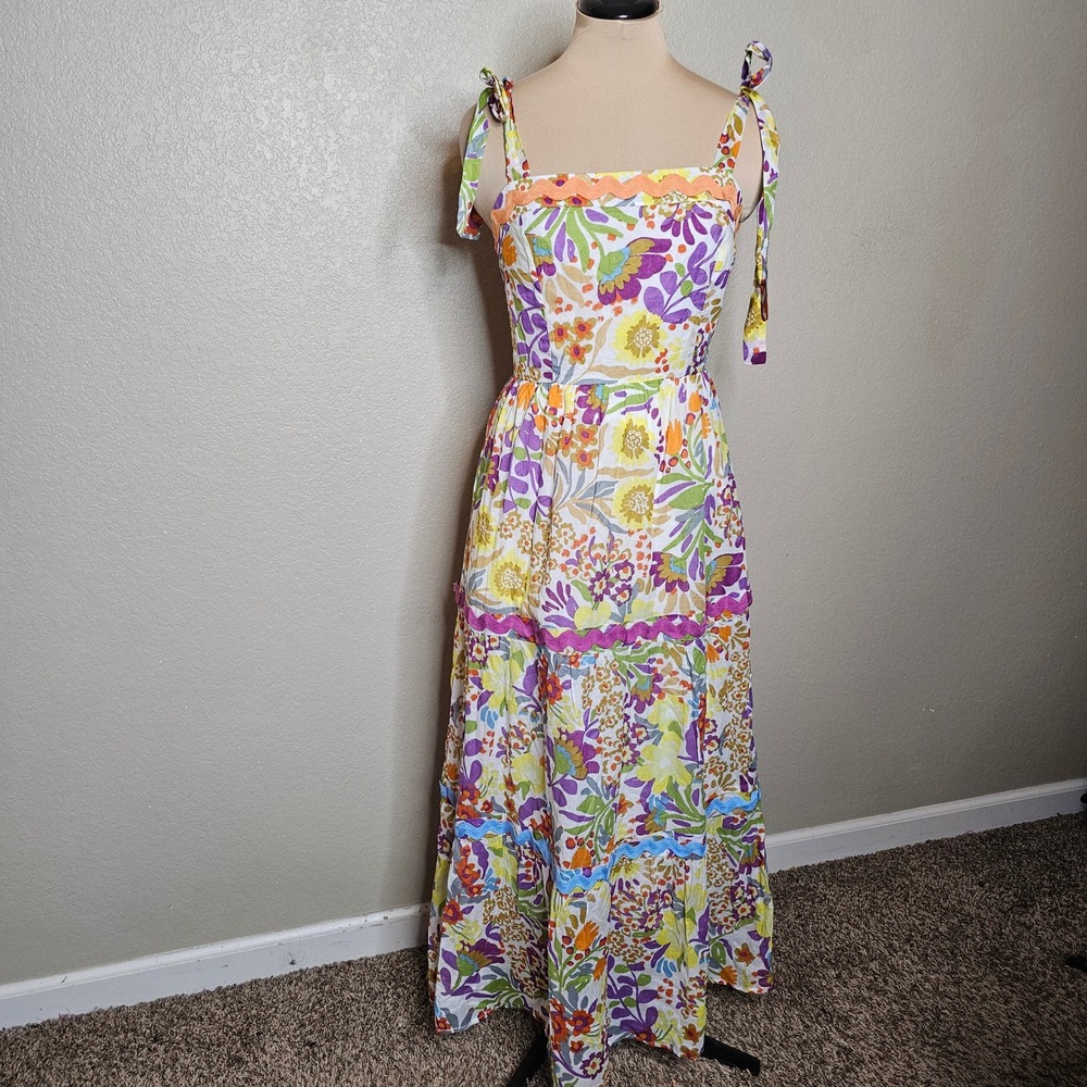 Fate Floral Tie Shoulder Ric Rac Trim Tiered Cotton Maxi Dress Small Multi Color - Picture 2 of 10